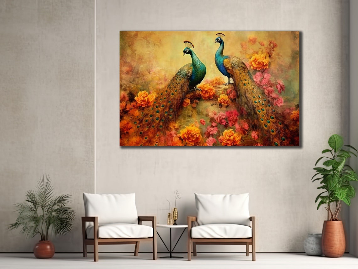 Two Peacocks Among Orange Roses Vintage Floral Garden Bird Poster - Image 2