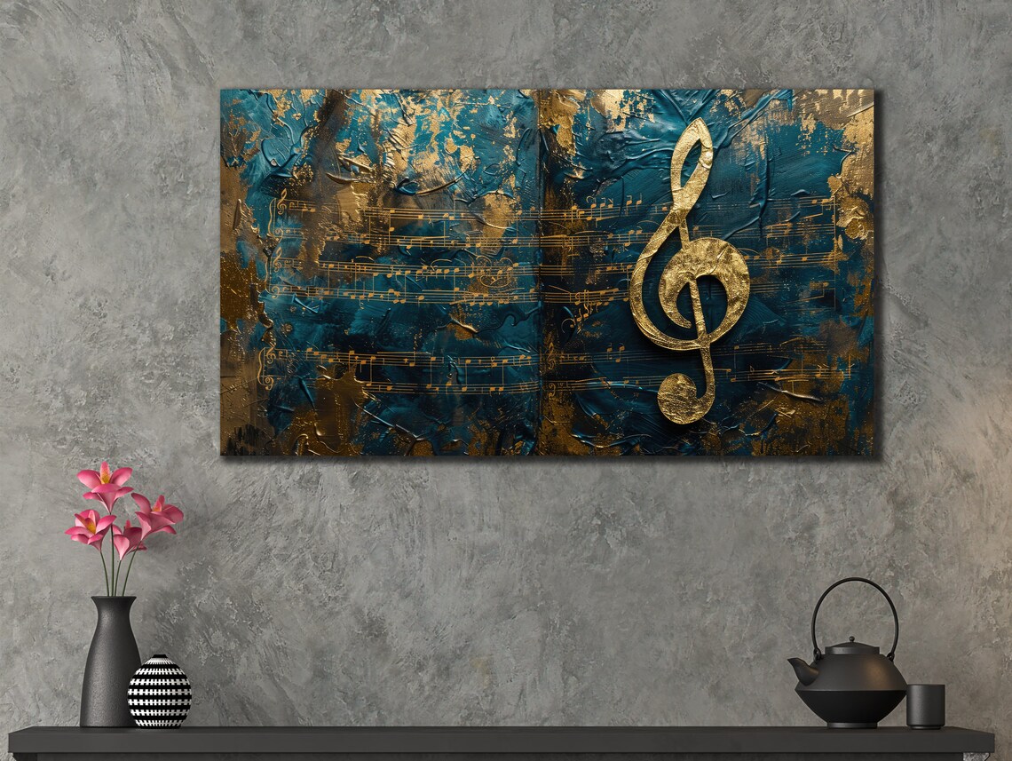 Gold Treble Clef Teal Textured Sheet Music Abstract Musician Wall Art Poster - Image 2