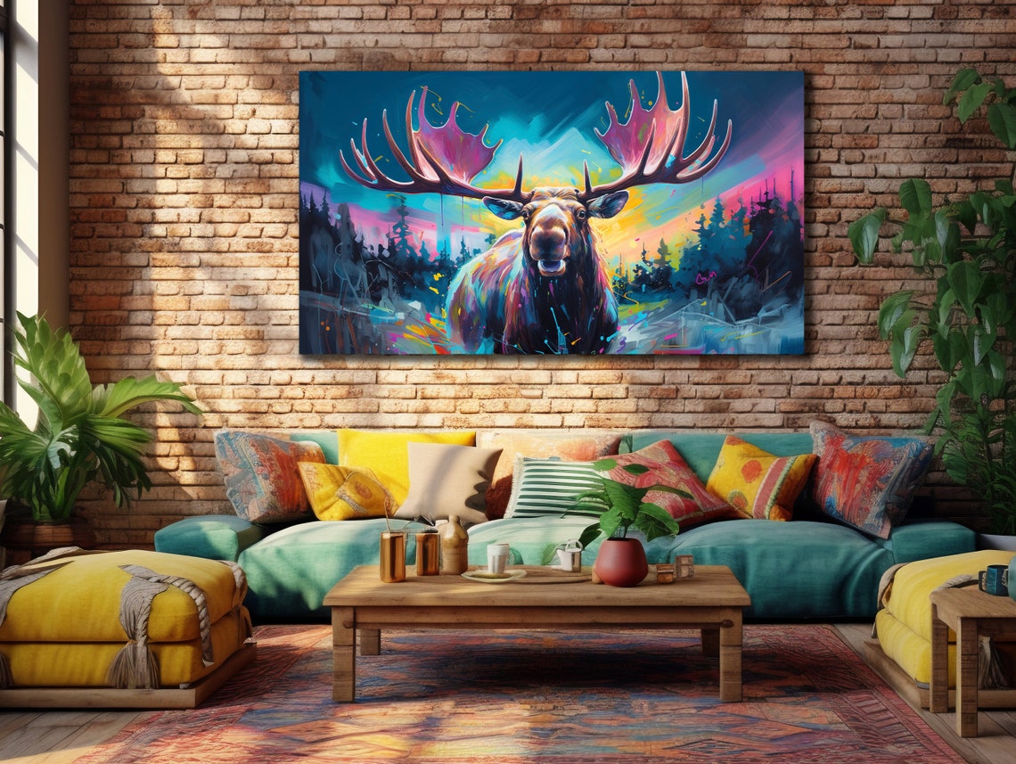 Joyful Moose Antlers Sunset Forest Whimsical Colorful Art Poster