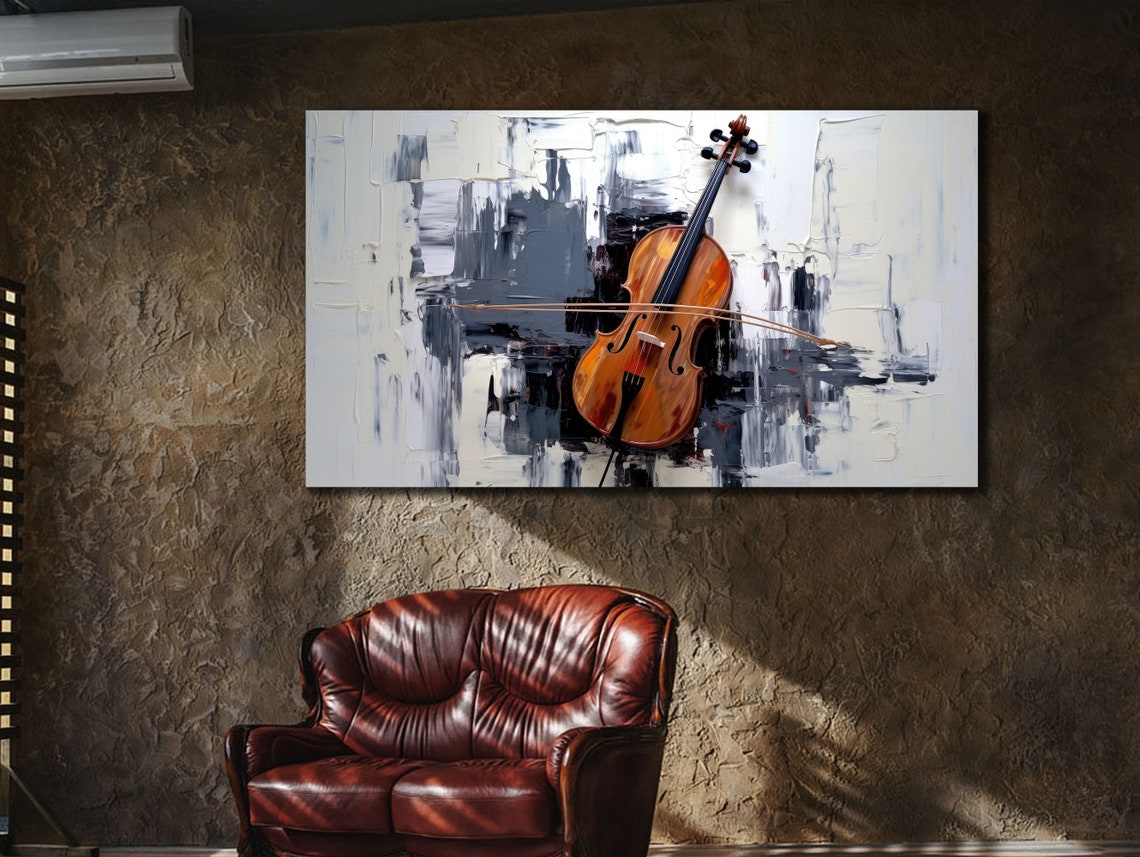 Violin Floating Over Abstract Black White Cityscape Music Art Poster - Image 2