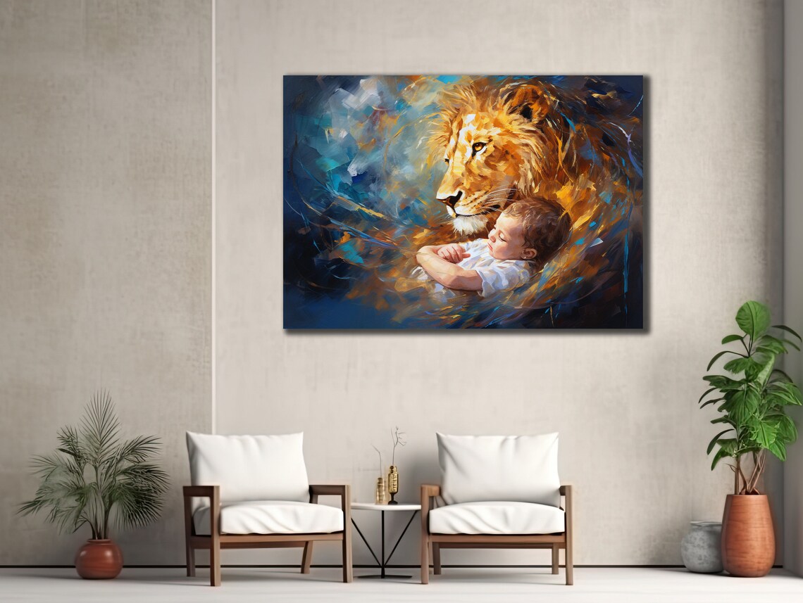Lion and Sleeping Child Painting Tender Guardian Wild Heartwarming Wall Art Poster - Image 2