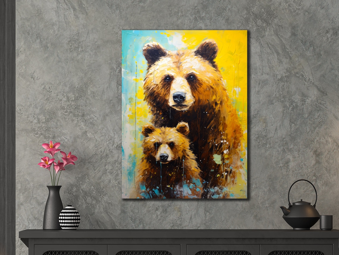 Brown Bear and Cub Colorful Abstract Wildlife Painting Family Wall Art Poster