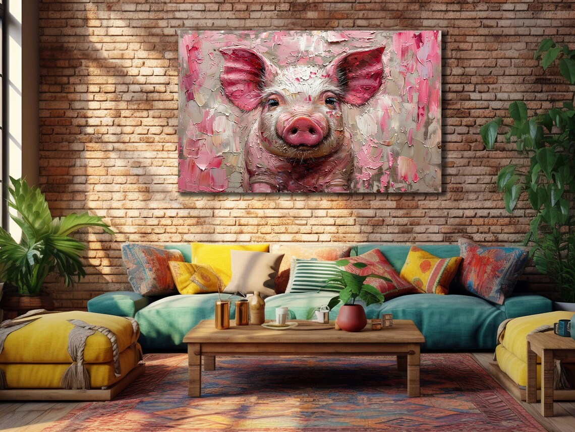 Pink Piglet Portrait Impasto Oil Painting Cute Farm Wall Art Print