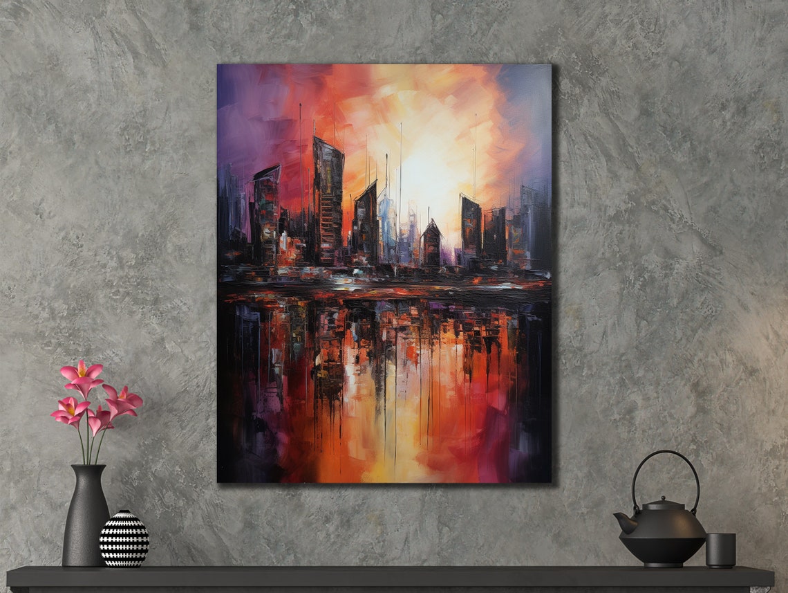 Abstract City Skyline Sunset Reflections Bold Modern Art Poster - Image 2