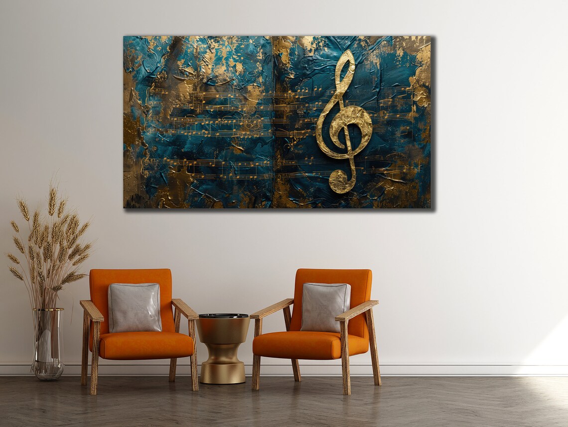 Gold Treble Clef Teal Textured Sheet Music Abstract Musician Wall Art Poster - Image 3