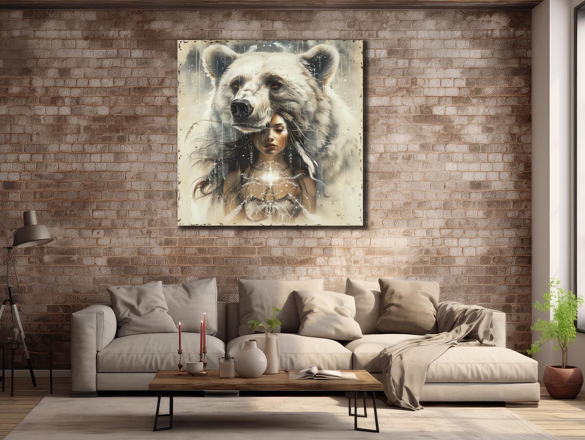 Polar Bear and Woman Fantasy Portrait Snowy White Dreamlike Art Print - Image 2