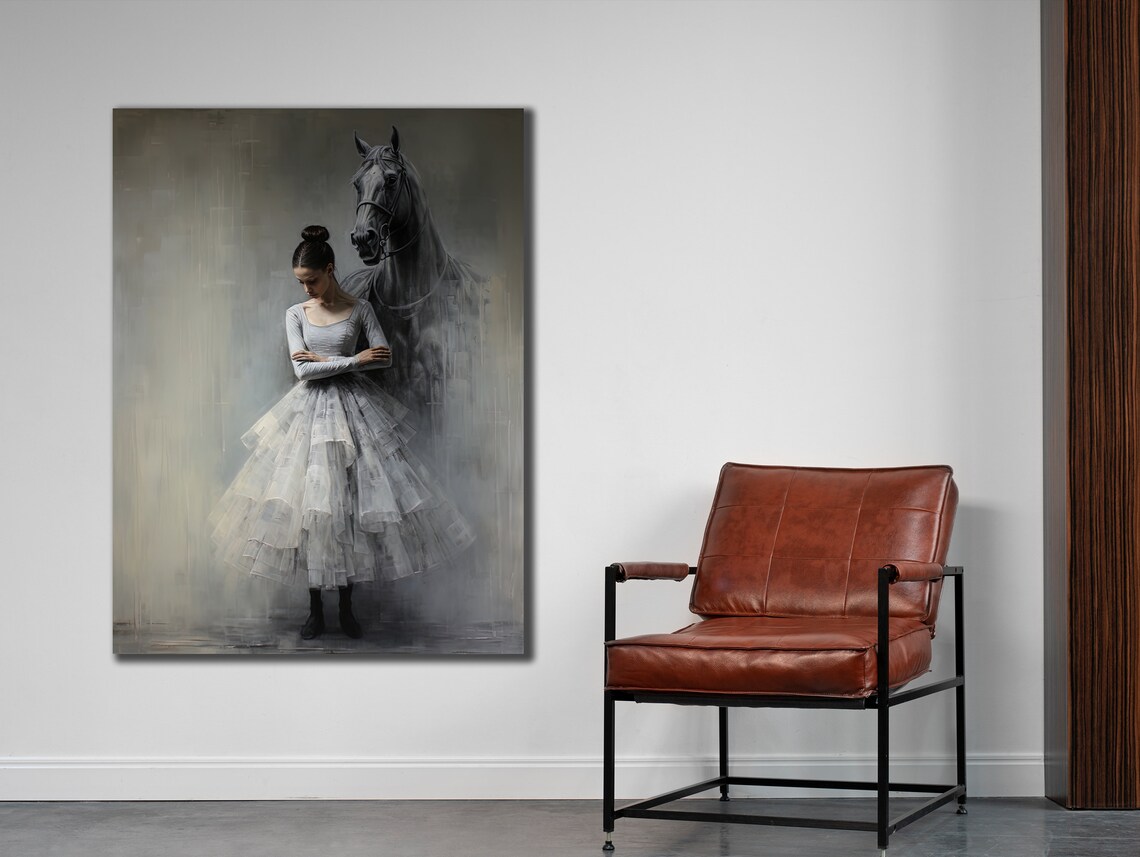 Ballerina in White Tutu Beside Dark Horse Dreamy Grey Art Poster - Image 2