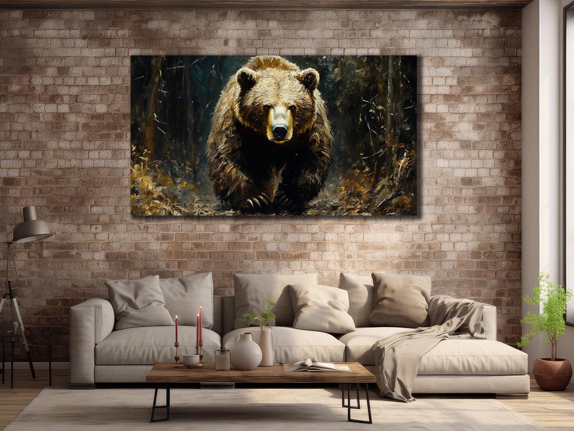 Brown Bear Walking Dark Forest Dramatic Wildlife Painting Poster - Image 2