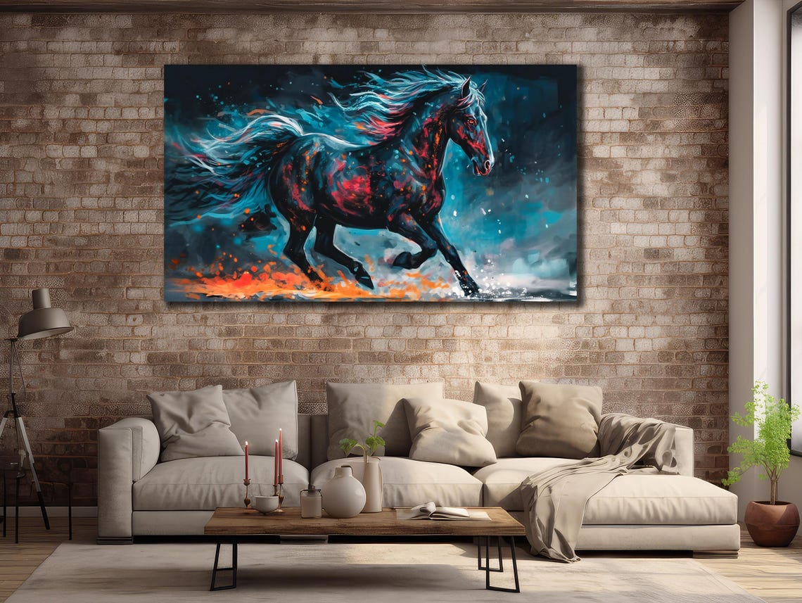 Cosmic Neon Horse Galaxy Stallion Blue Red Fire Night Art Print - Image 2