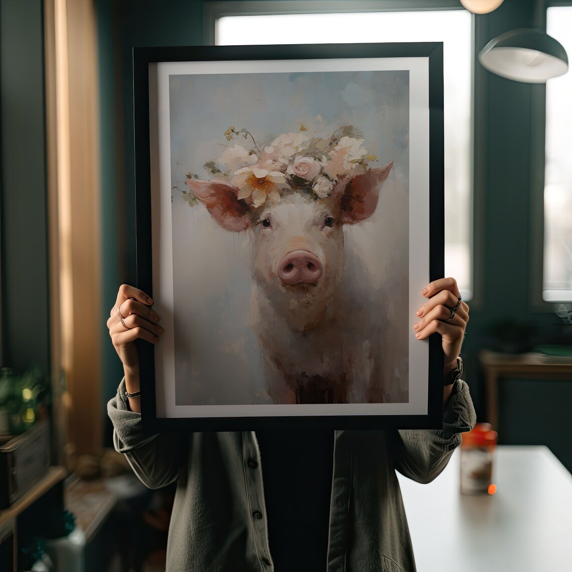 Anna the Pig with Flower Wreath Oil Painting - Image 2