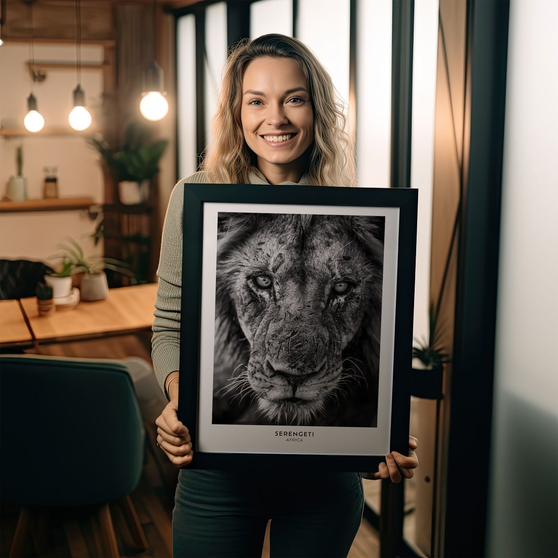 Serengeti Lion Black and White Close Up Portrait Africa Poster - Image 2