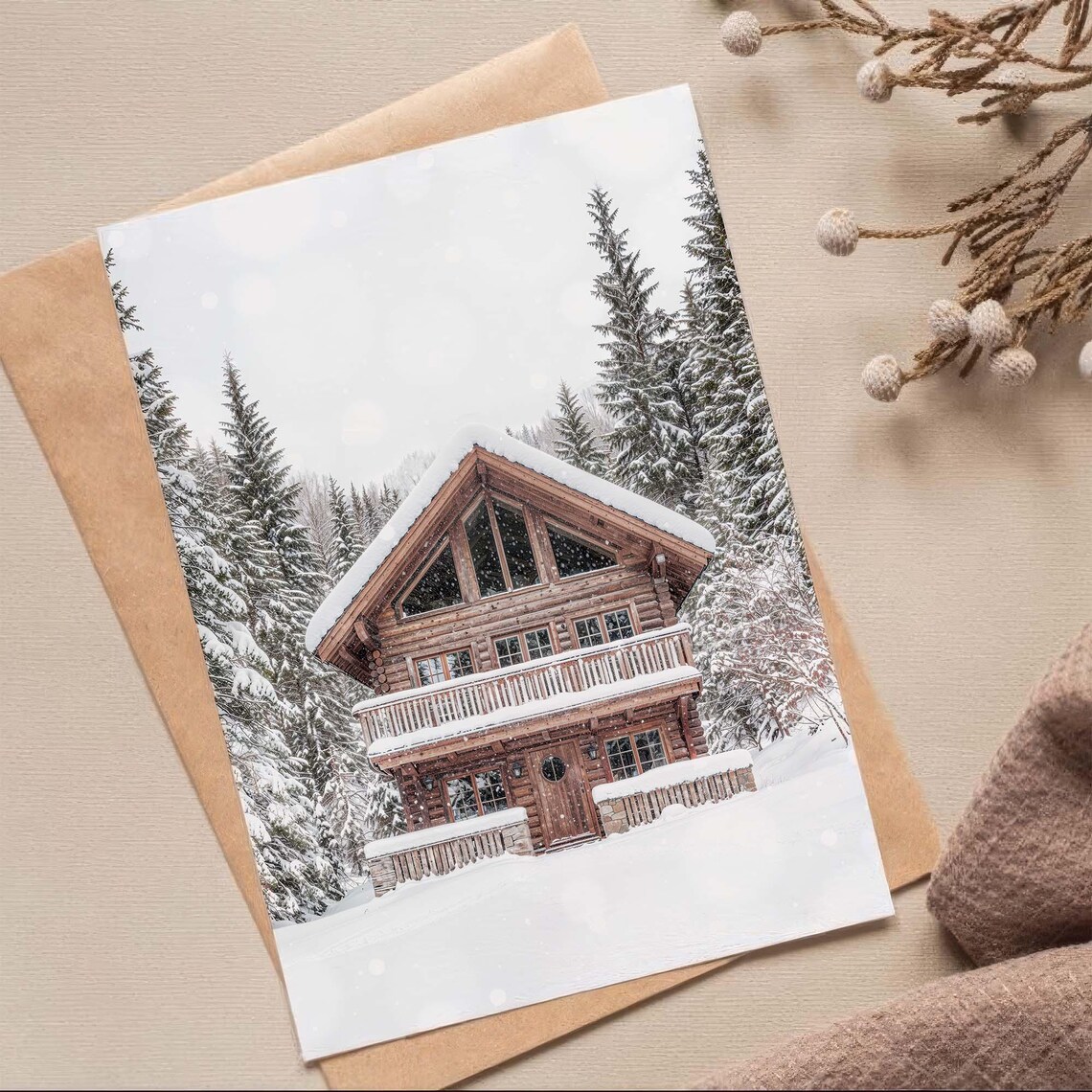 Snow Covered Log Cabin in Pine Forest Winter Photo Art Print