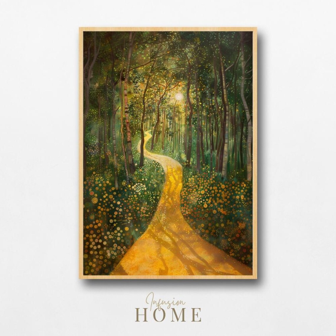 Enchanted Forest Path Golden Sunlight Wildflowers Woodland Poster