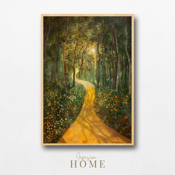 Enchanted Forest Path Art Print Golden Sunlight Wildflowers