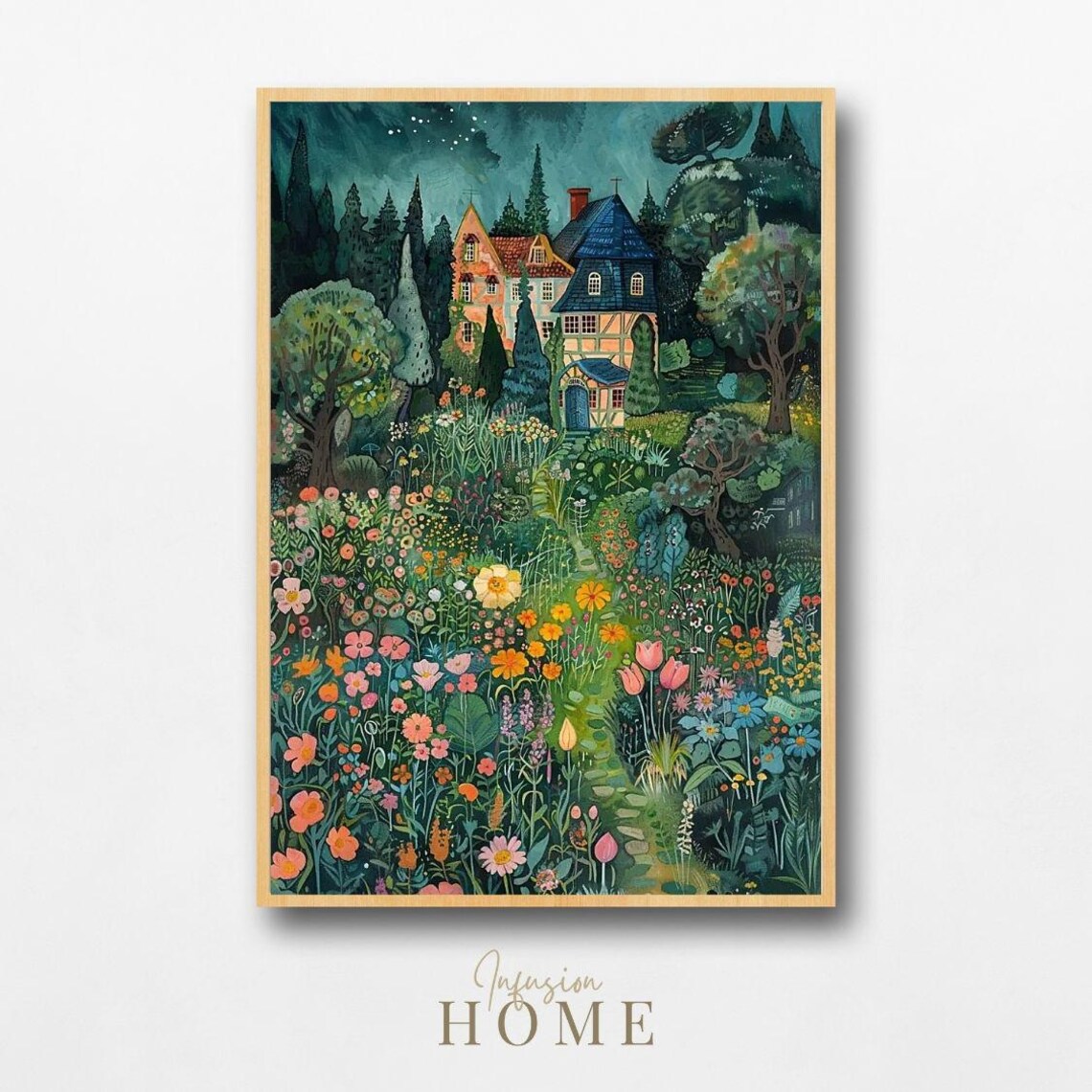 Whimsical Cottage Garden Art Print, Fairytale Floral Decor