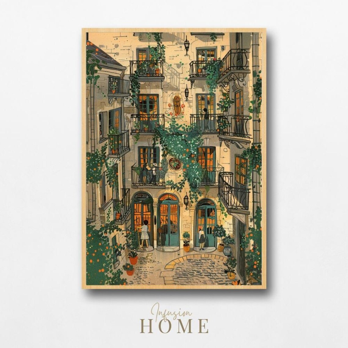 French Village Courtyard Sunlit Balconies Ivy Painting Poster