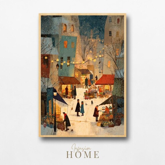 Snowy Old Town Winter Market Night Street Lights Cozy Art Poster