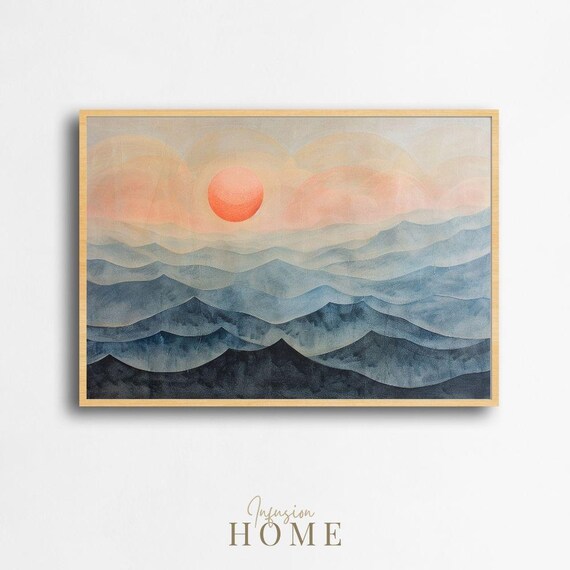 Red Sun Ocean Waves Layered Seascape Japanese Style Art Print