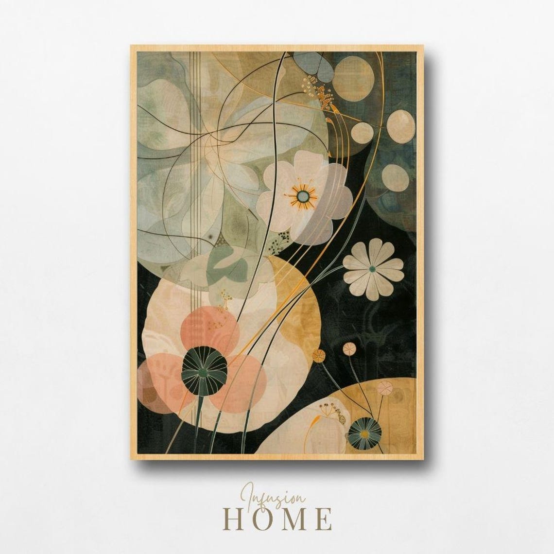 Nordic Floral Circles Beige Blush Green Gold Linework Art Poster
