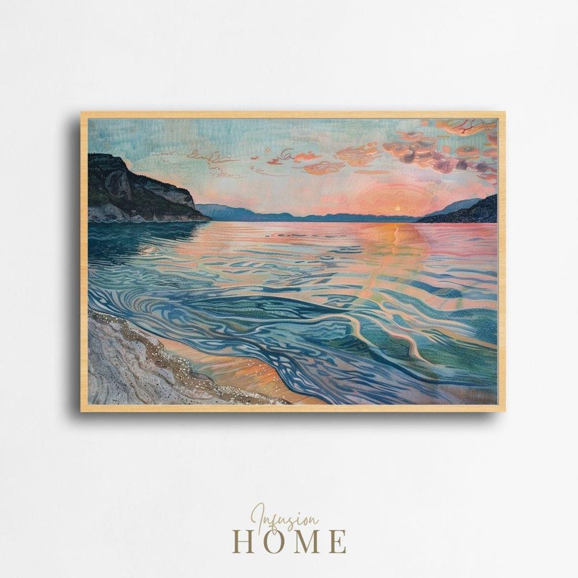 Golden Coastal Sunset Pastel Ocean Waves Serene Beach Art Poster
