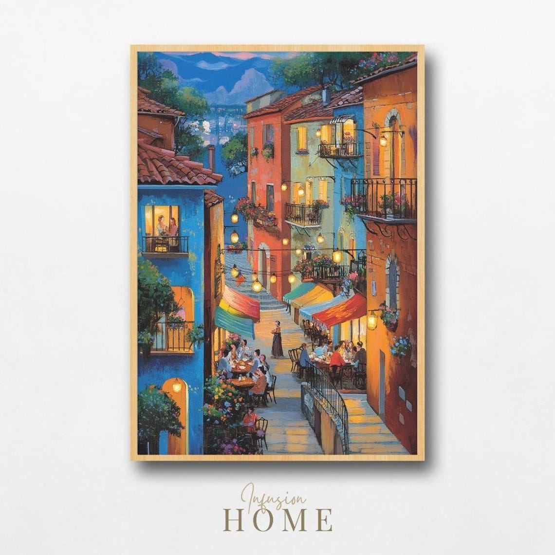 Colorful European Street Cafe Balconies Evening Lights Scene Poster