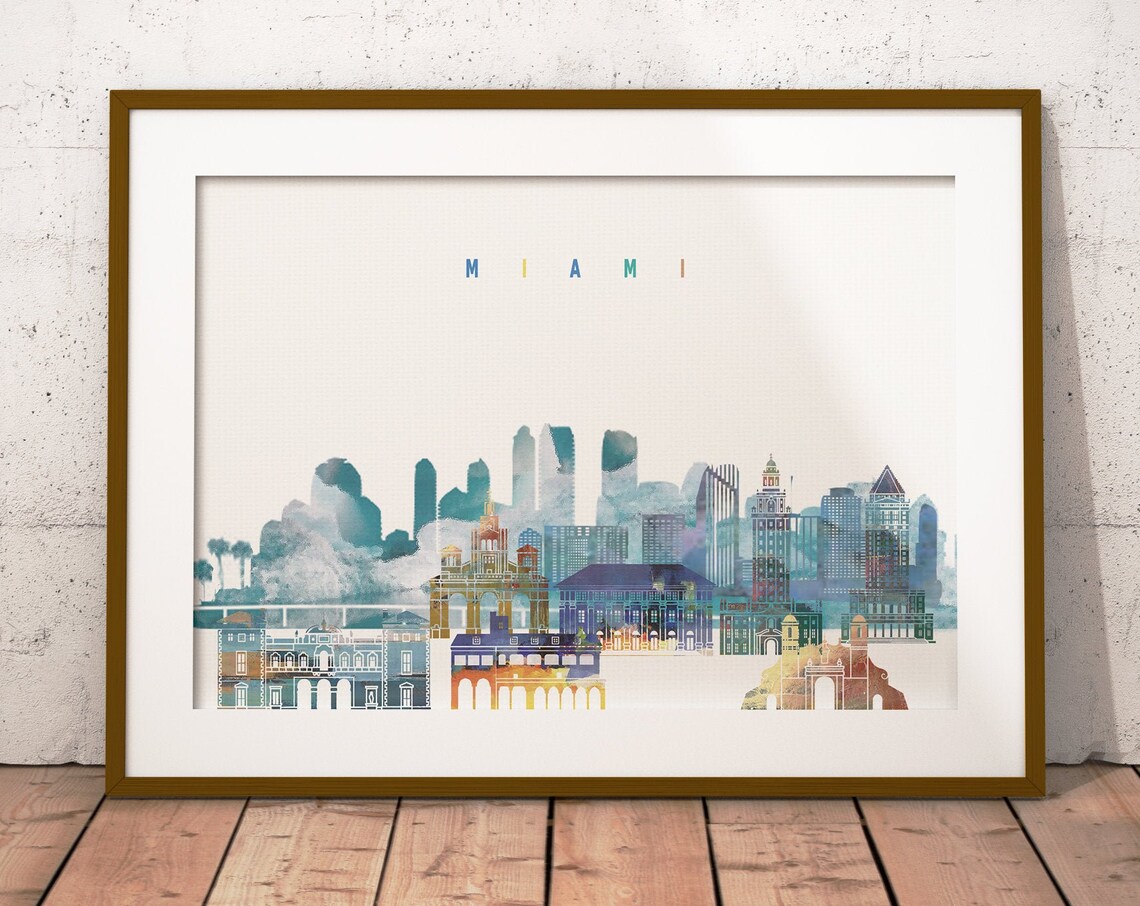 Miami Florida Downtown Watercolor Skyline Cityscape Poster Art