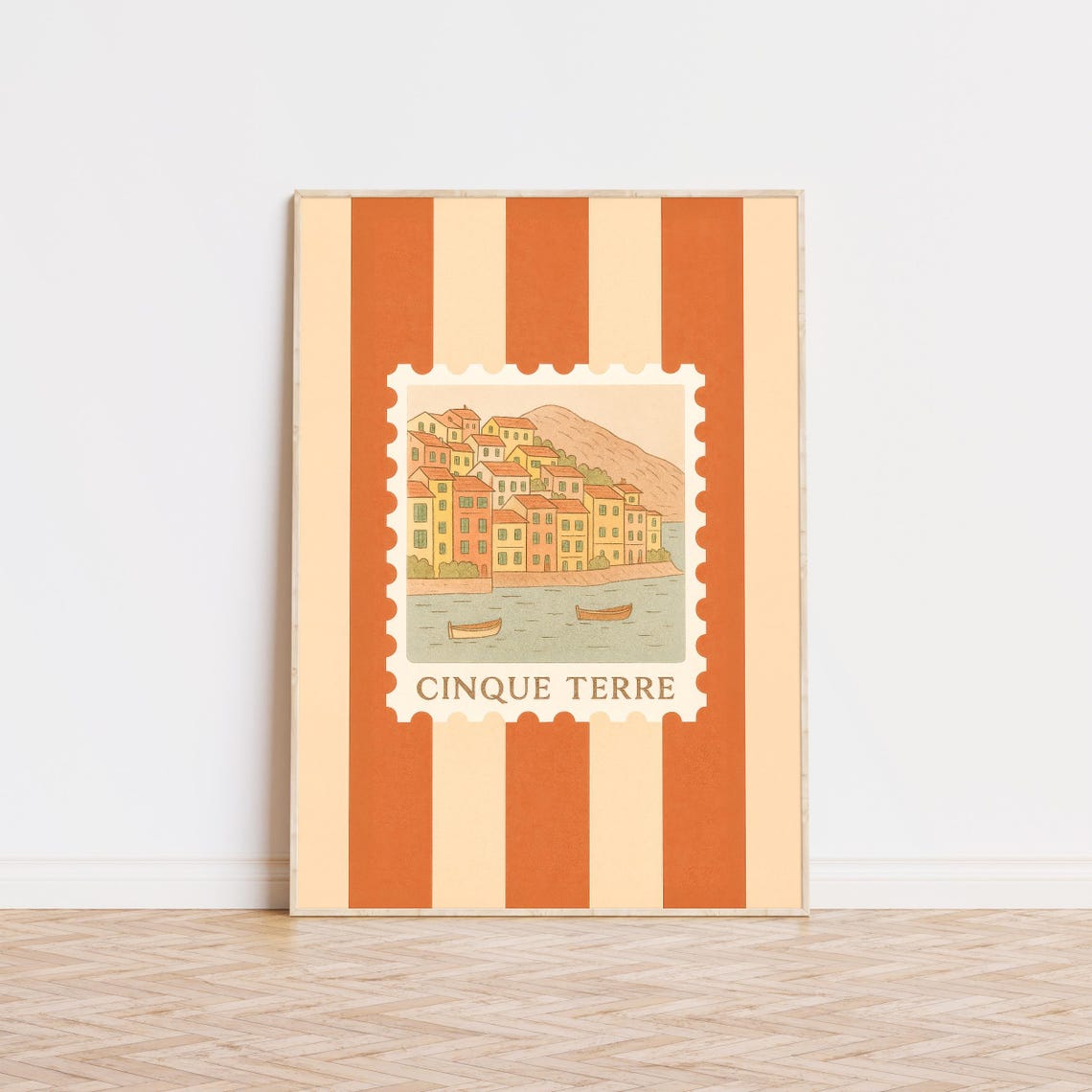 Cinque Terre Italy Stamp Art Terracotta Striped Vintage Travel Poster