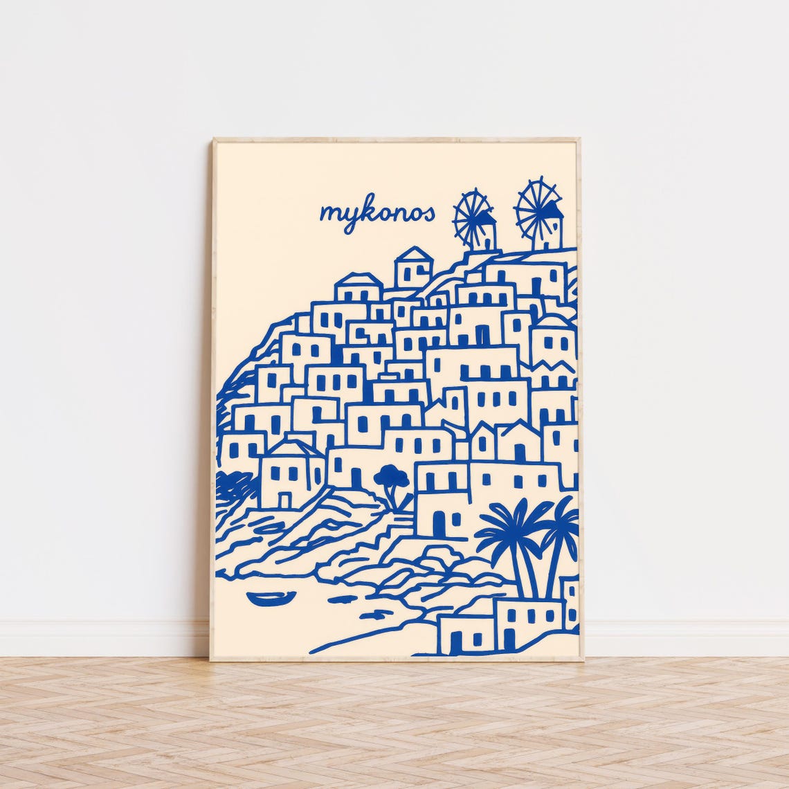 Mykonos Blue Line Art Windmills and Whitewashed Town Scene Poster