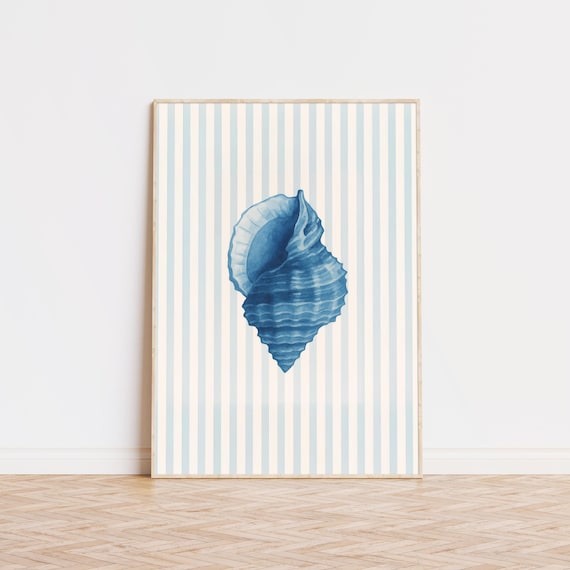 Blue Conch Shell Watercolor Striped Coastal Beach House Wall Poster