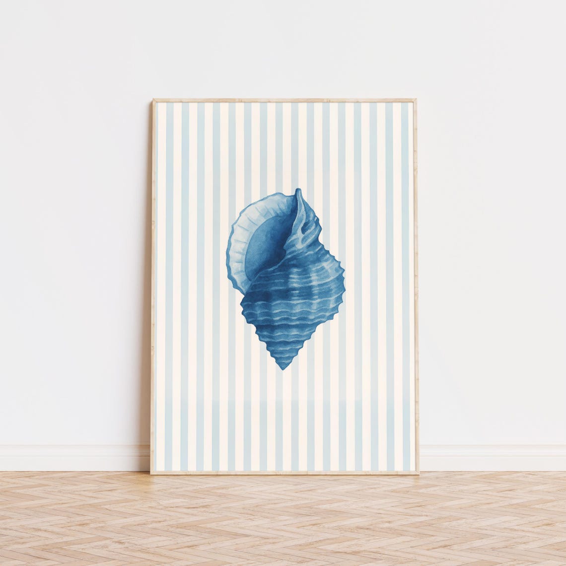 Blue Conch Shell Watercolor Striped Coastal Beach House Wall Poster