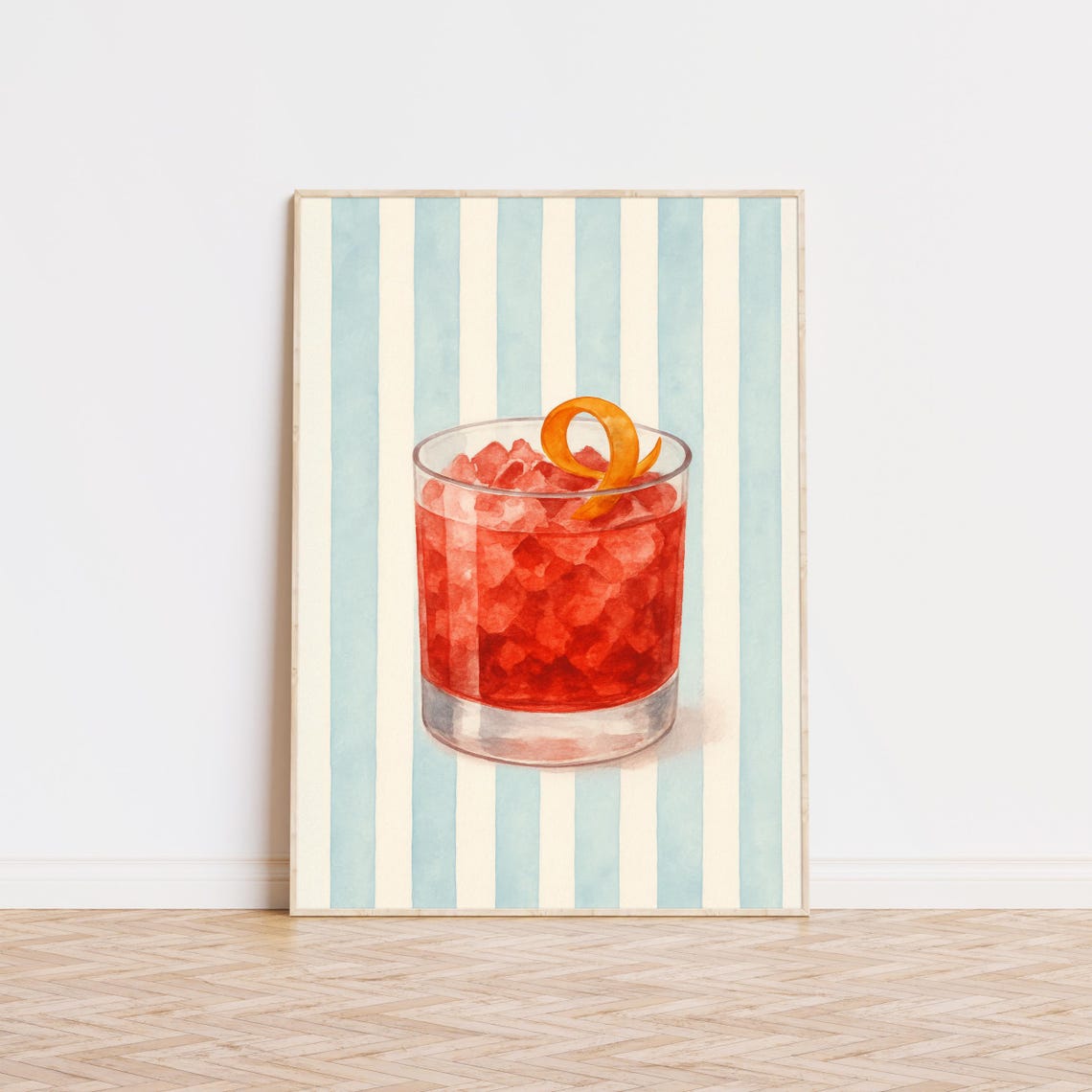 Red Cocktail with Orange Twist Watercolor Striped Bar Art Print