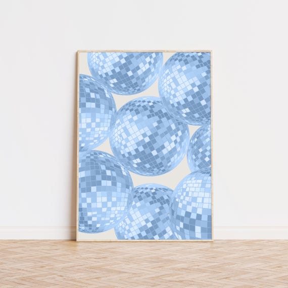 Blue Disco Ball Print Retro Prints Bar Cart Art Trendy Preppy Room Decor Wall Museum Quality