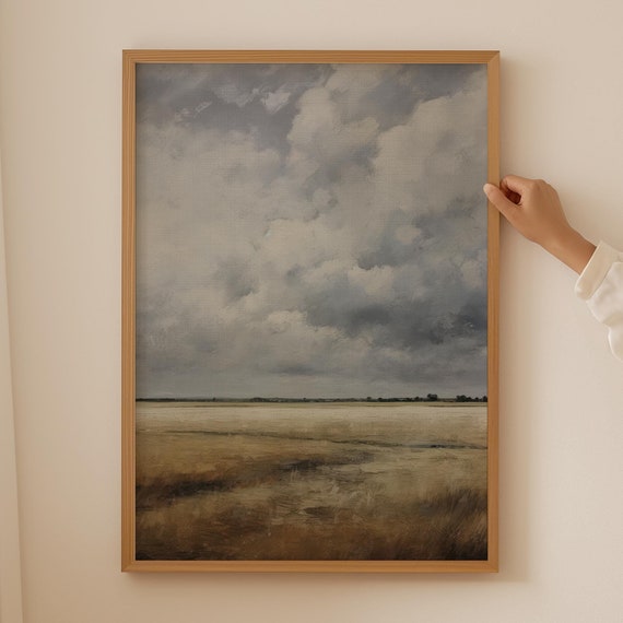 Moody Landscape Art Print Cloudy Sky Painting Thunderstorm Wheat Field Prints Moody Rustic Wall Art Cottagecore Decor