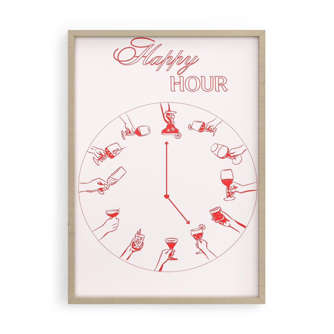 Happy Hour Cocktail Clock Red Line Art Bar Cart Kitchen Poster