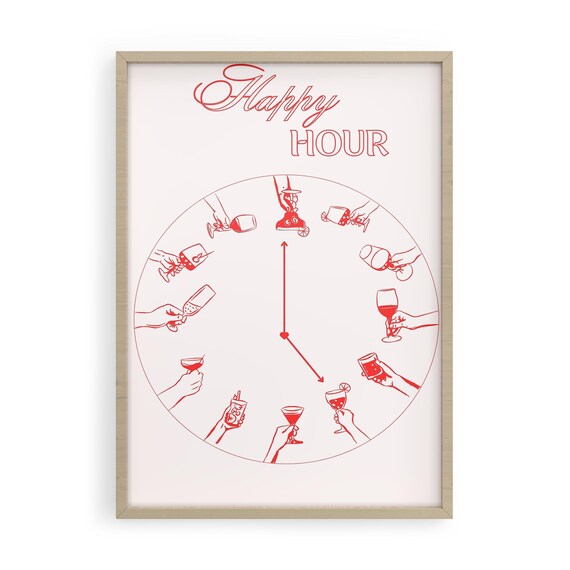 Happy Hour Cocktail Clock Red Line Art Bar Cart Kitchen Poster