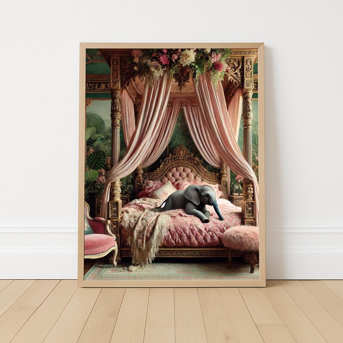 Whimsical Elephant Bedroom Art Print, Maximalist Jungle Decor