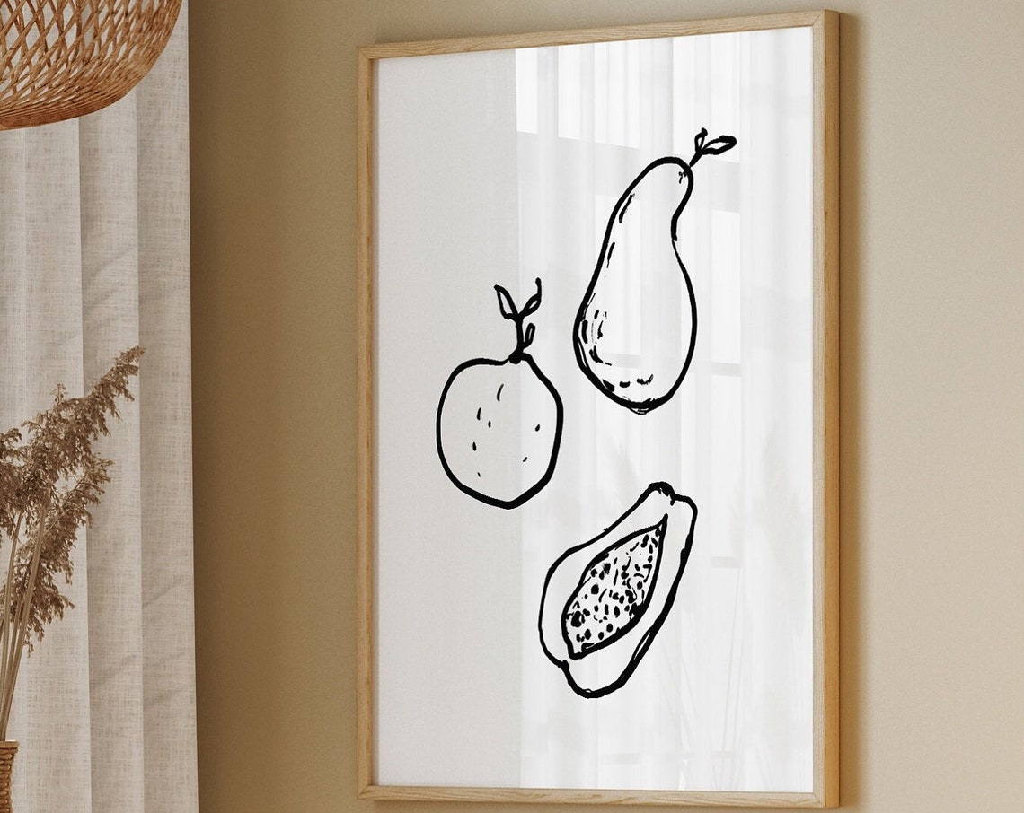 Black And White Fruit Line Drawing Pear Papaya Kitchen Poster - Image 2