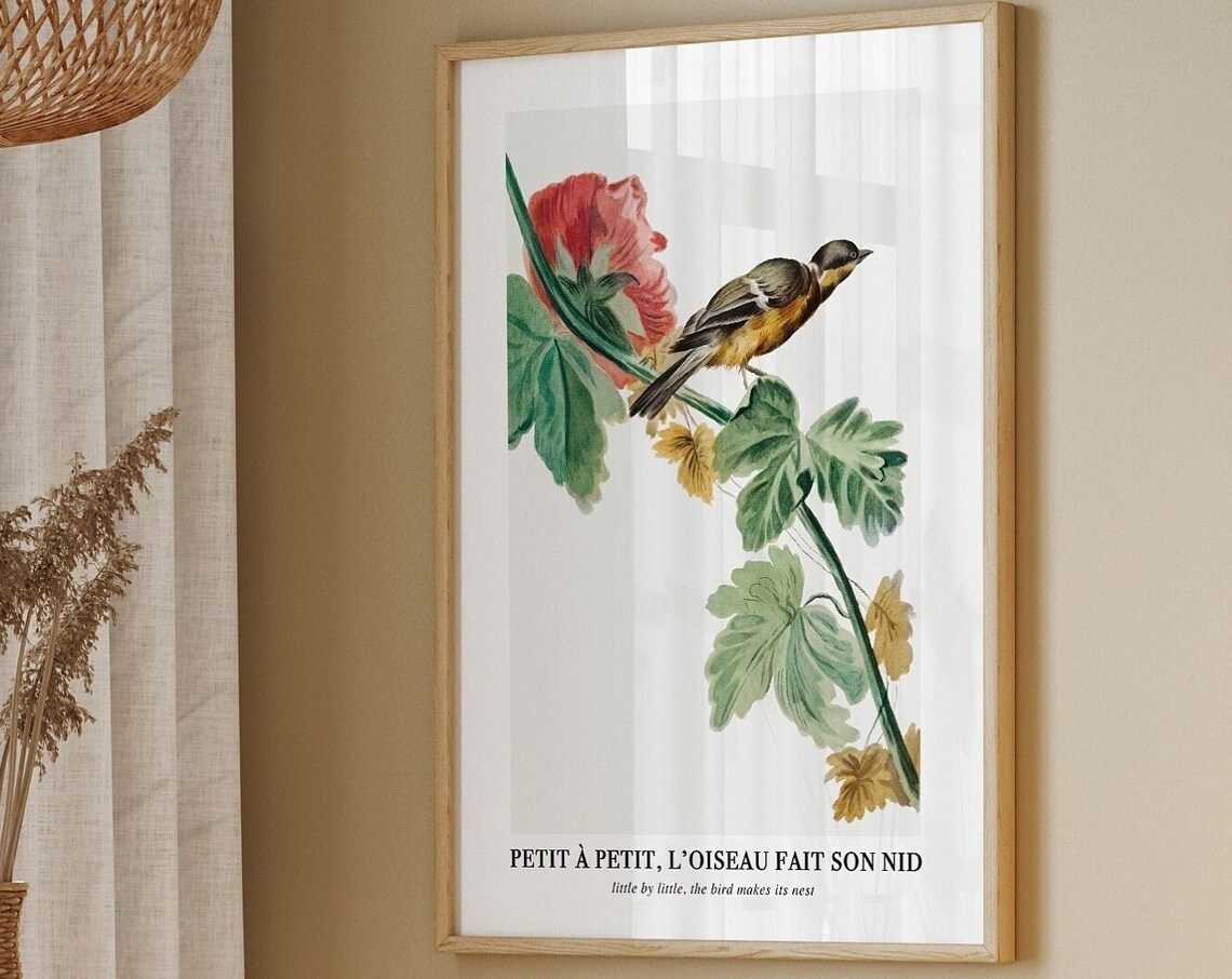 Vintage French Bird Botanical Little By Little Bird Nest Quote Poster - Image 2