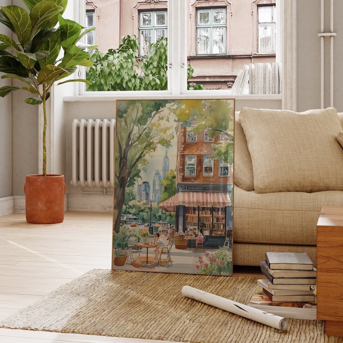 New York City Bookstore Cafe Terrace Empire State View Poster - Image 3