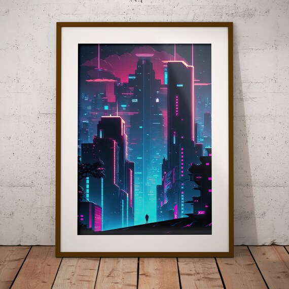 Neon Cyberpunk Cityscape Night Poster Futuristic Anime Sci Fi Decor