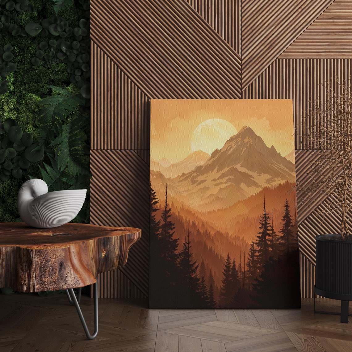 Golden Mountain Sunrise Over a Pine Forest With Big Sun Poster