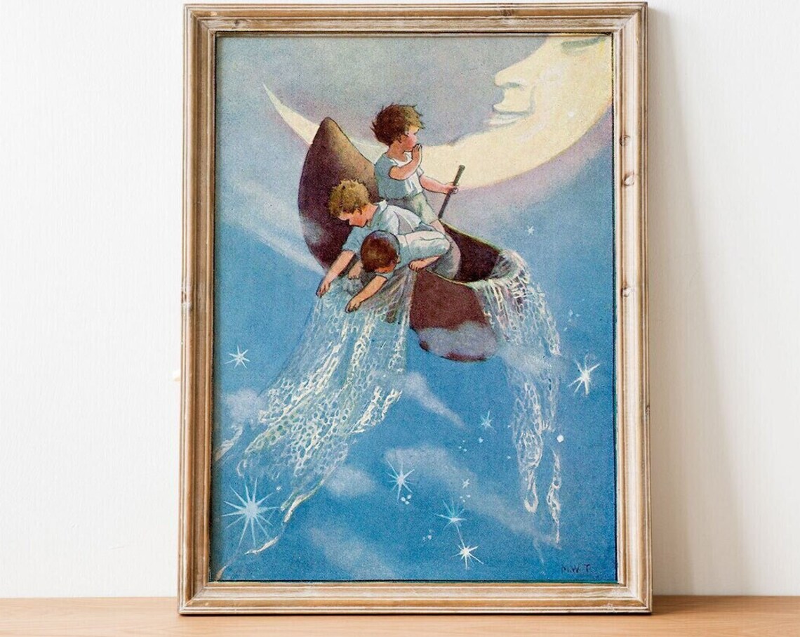 Wynken Blynken and Nod Night Sky Boat Star Fishing Nursery Rhyme Print