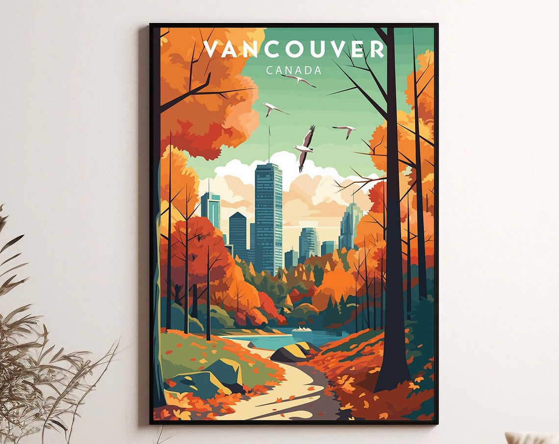Vancouver Canada Autumn Skyline Golden Fall Travel Art Poster