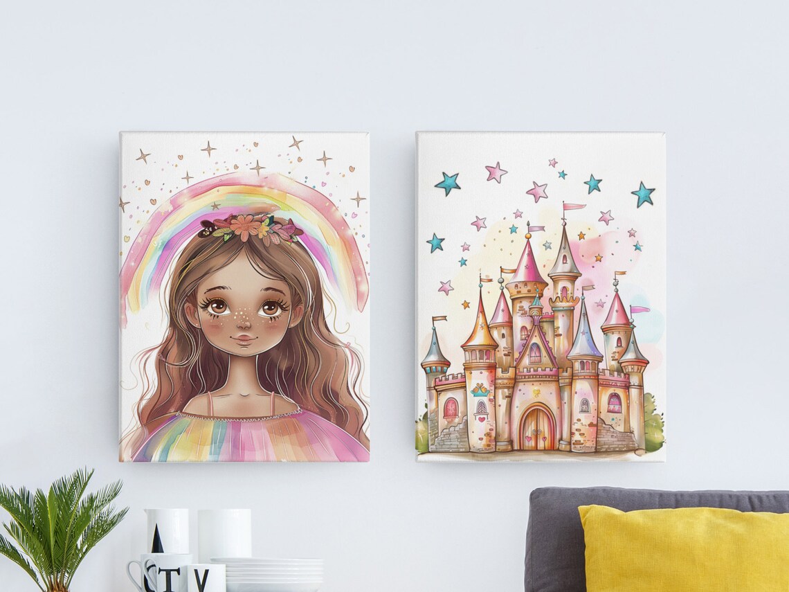 Rainbow Princess Girl and Pink Castle Watercolor Set of 2 Poster