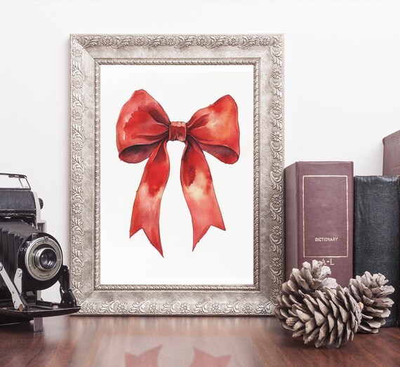 Crimson Watercolor Ribbon Bow With Soft Glow Vintage Holiday Poster