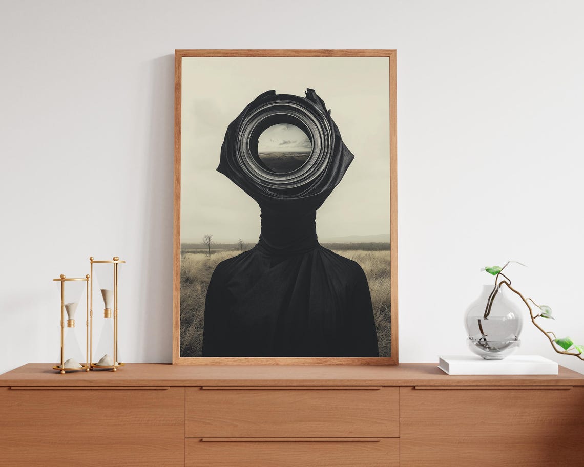 Surreal Hooded Portrait With Camera Lens Face Dark Moody Poster