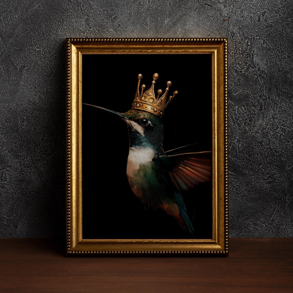 Moody Hummingbird With King Crown Vintage Bird Art Print