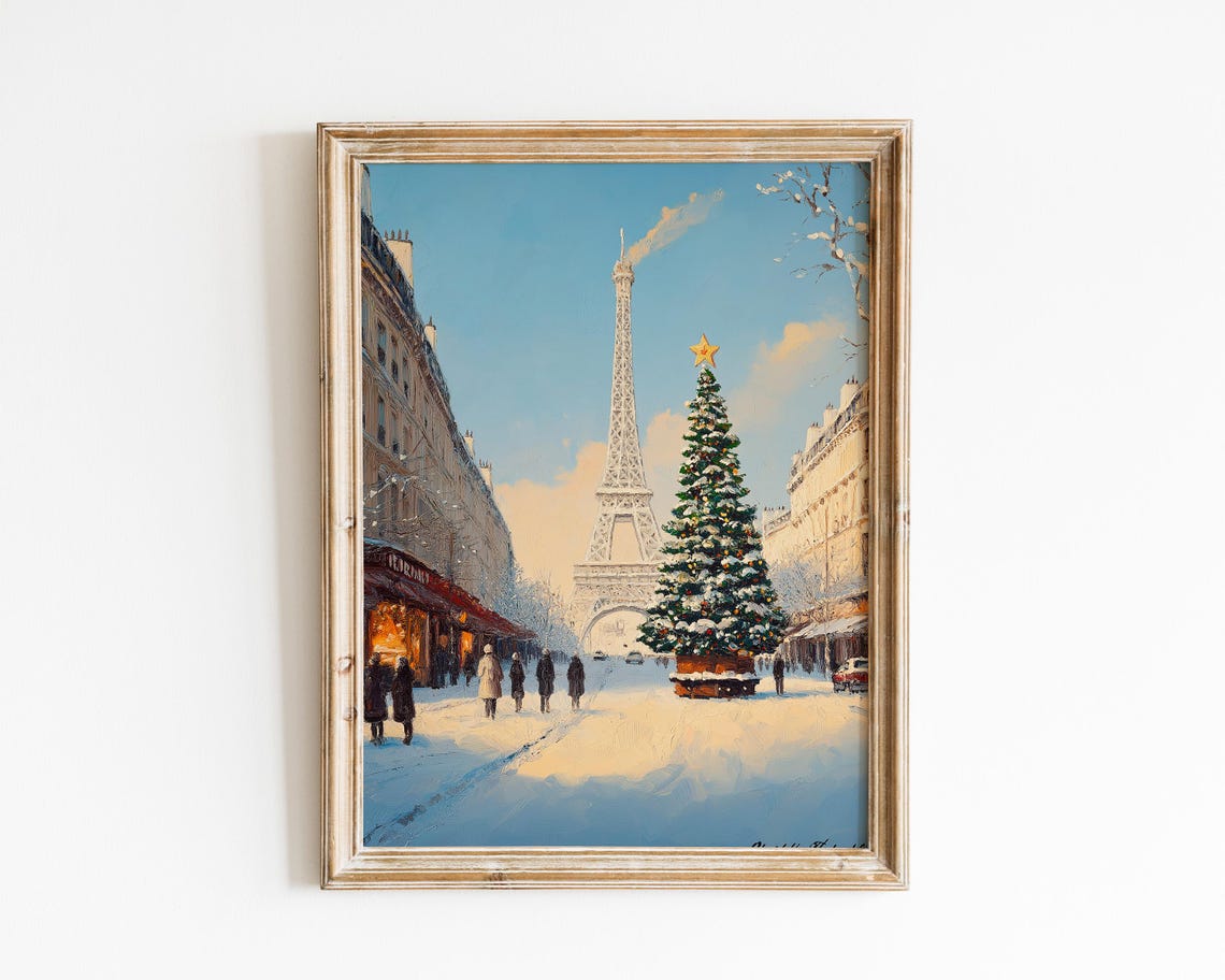 Snowy Paris Street with Eiffel Tower Christmas Oil Painting Poster