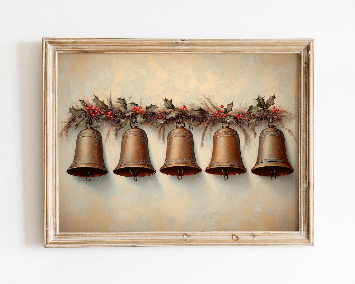 Rustic Brass Christmas Bells Holly Garland Vintage Style Poster