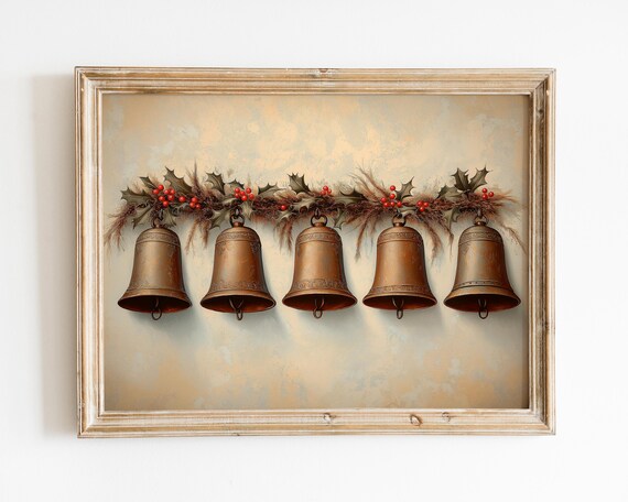 Rustic Brass Christmas Bells Holly Garland Vintage Style Poster